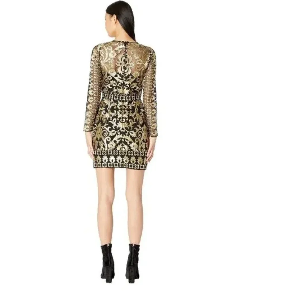 NWT - Nicole Miller - Gold Embroidered Scroll Illusion Dress - Size 6